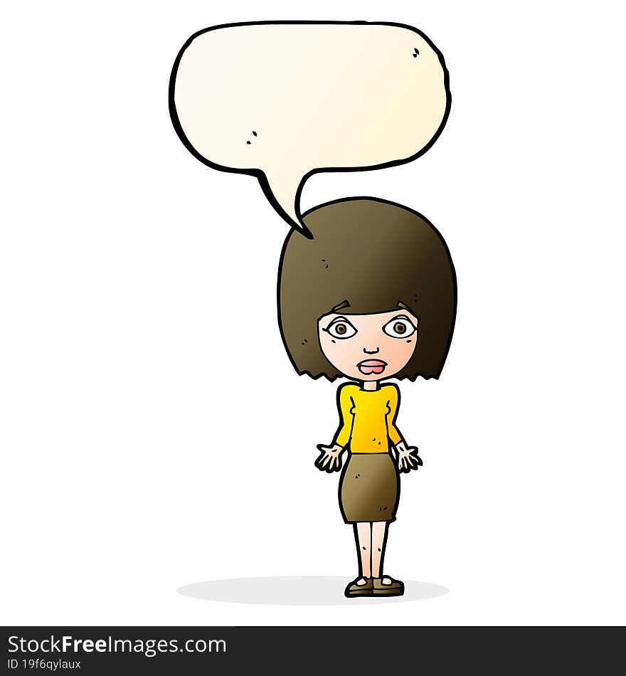 cartoon woman shrugging shoulders with speech bubble