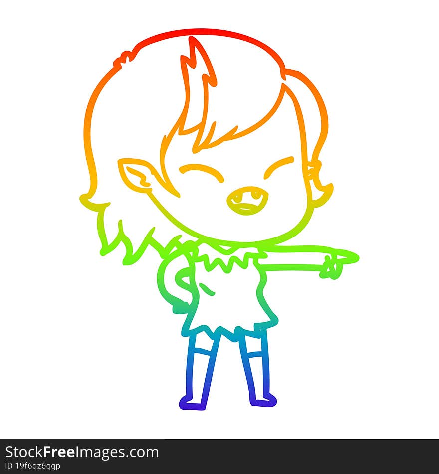 rainbow gradient line drawing cartoon vampire girl pointing and laughing