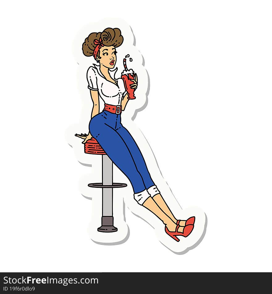 tattoo style sticker of a pinup girl drinking a milkshake