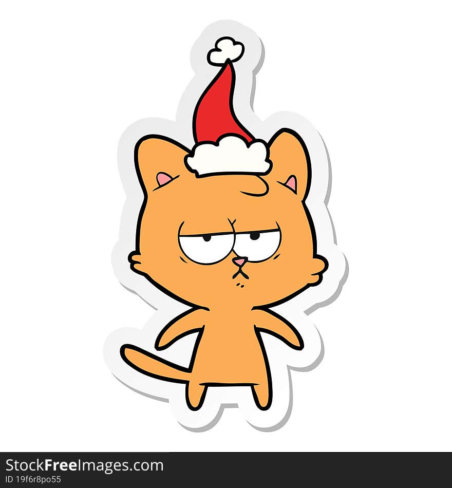 bored sticker cartoon of a cat wearing santa hat