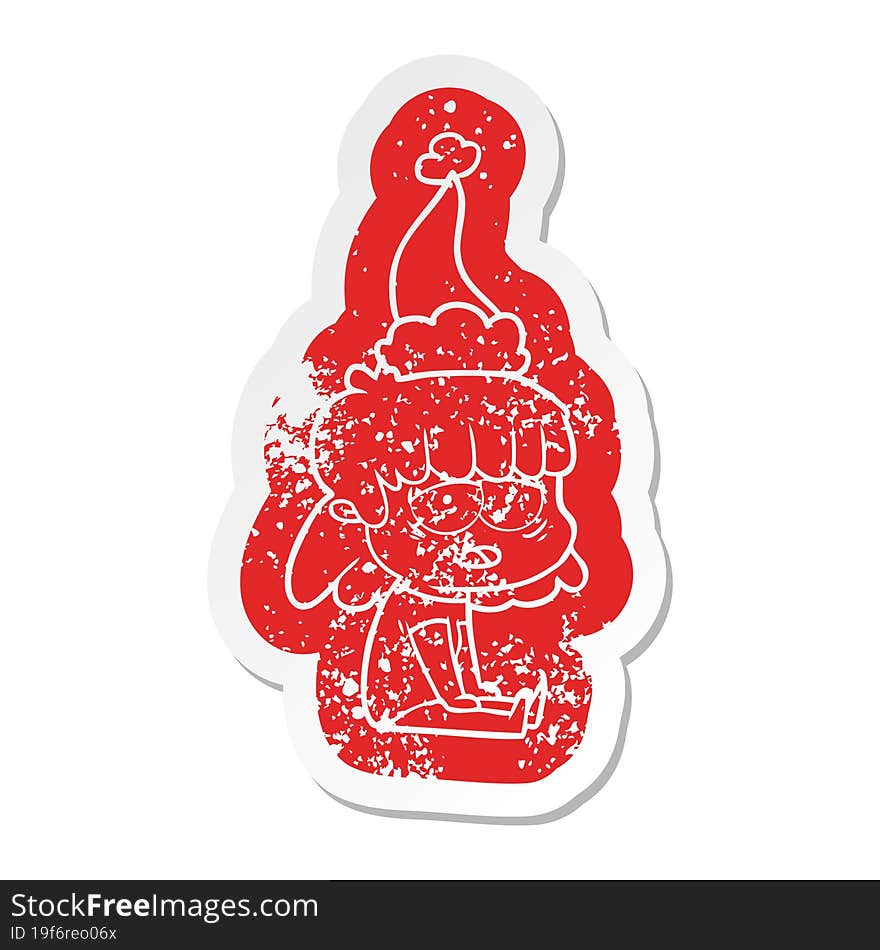 Cartoon Distressed Sticker Of A Tired Woman Wearing Santa Hat