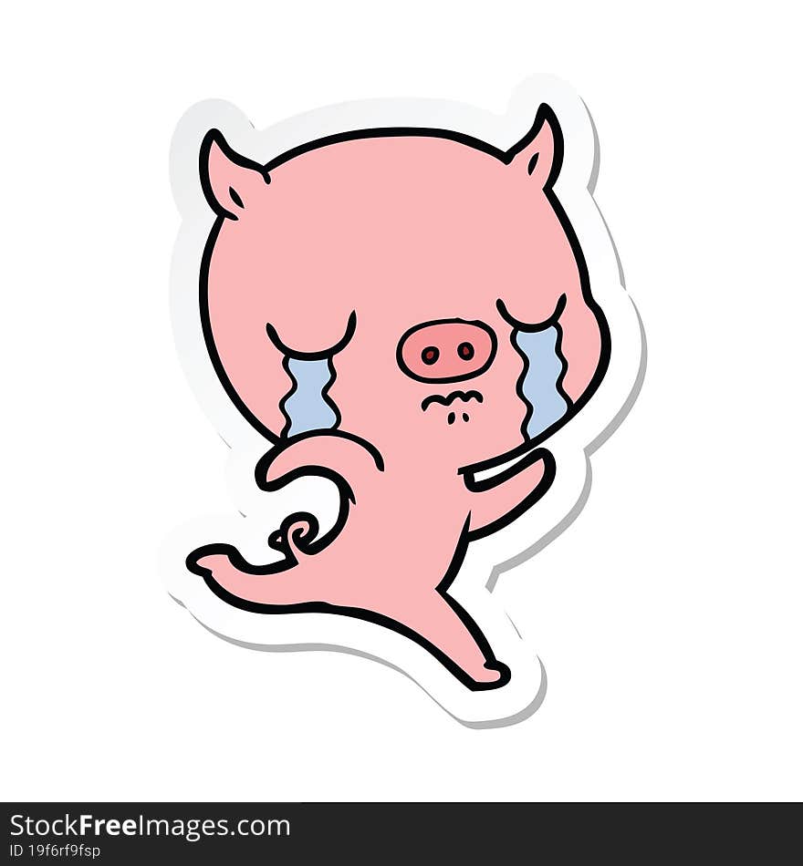 sticker of a cartoon running pig crying