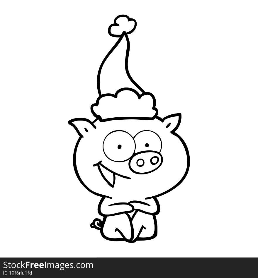 cheerful sitting pig line drawing of a wearing santa hat