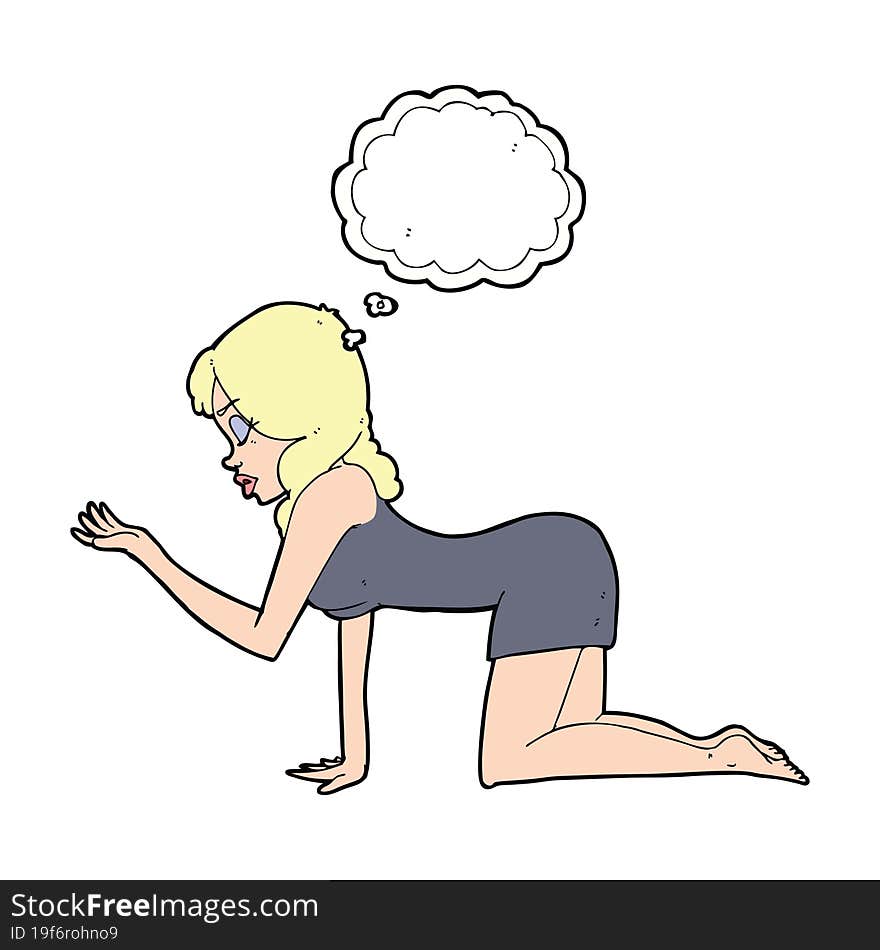 cartoon woman on all fours with thought bubble