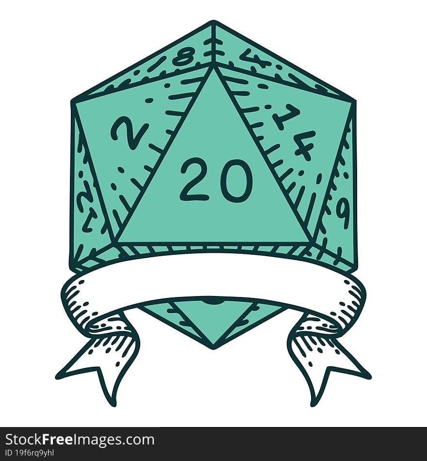 Retro Tattoo Style natural 20 critical hit D20 dice roll. Retro Tattoo Style natural 20 critical hit D20 dice roll