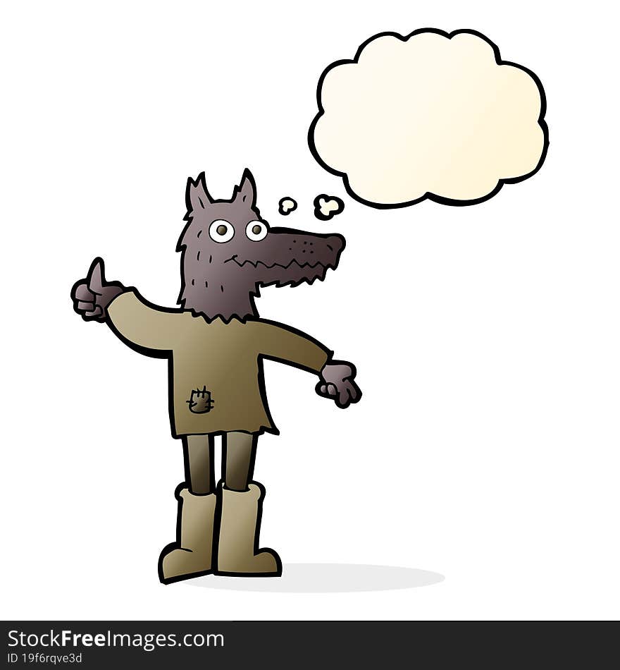 cartoon wolf man with thought bubble