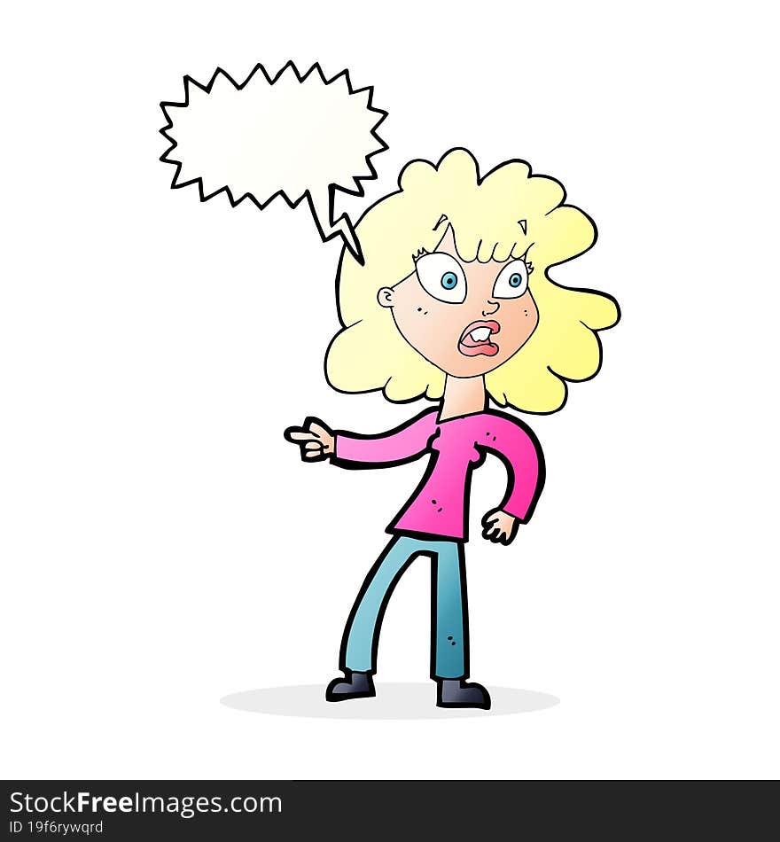 cartoon worried woman pointing with speech bubble