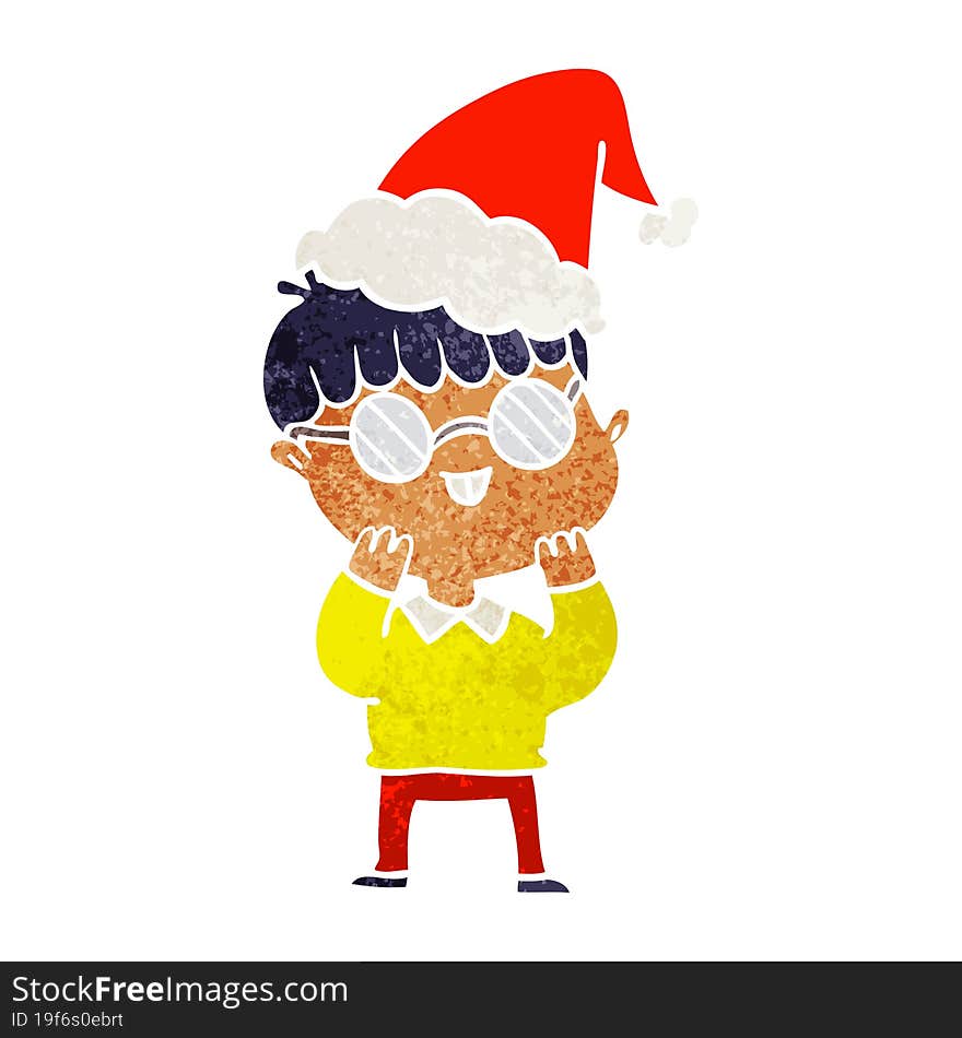 retro cartoon of a boy wearing spectacles wearing santa hat