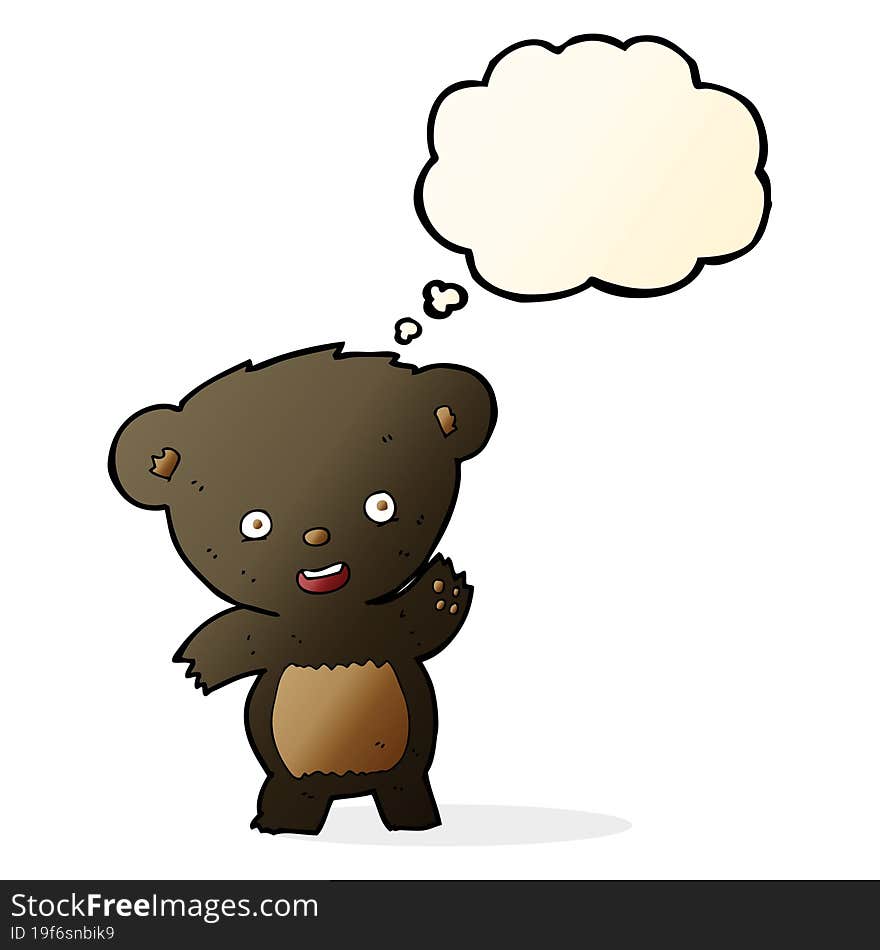 cartoon waving black bear with thought bubble