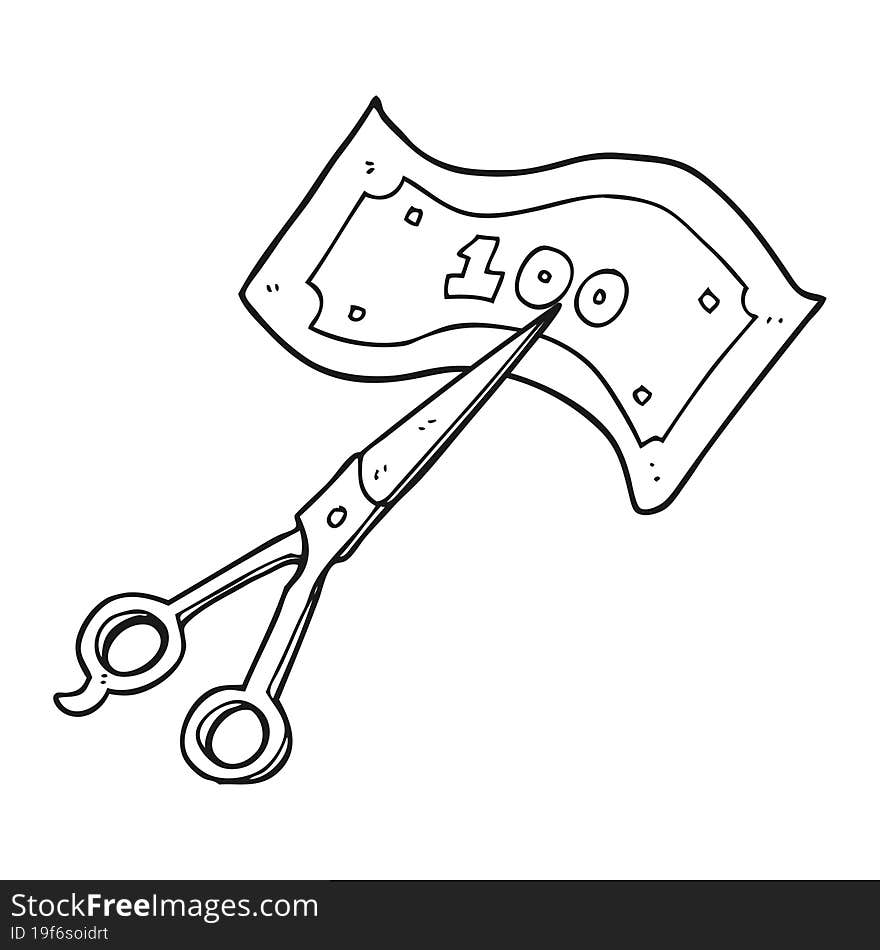 freehand drawn black and white cartoon scissors cutting money