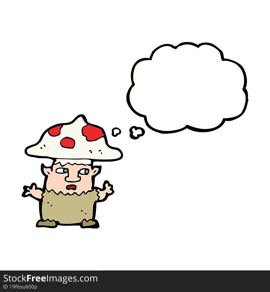 cartoon little mushroom man with thought bubble