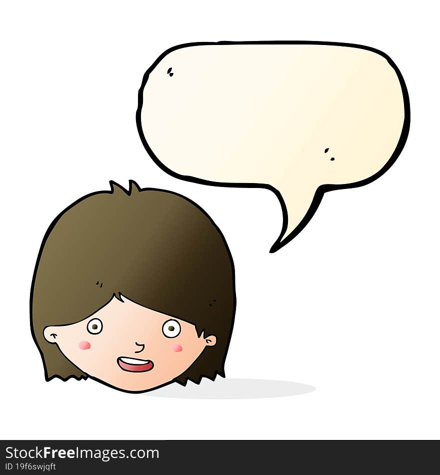 cartoon happy female face with speech bubble