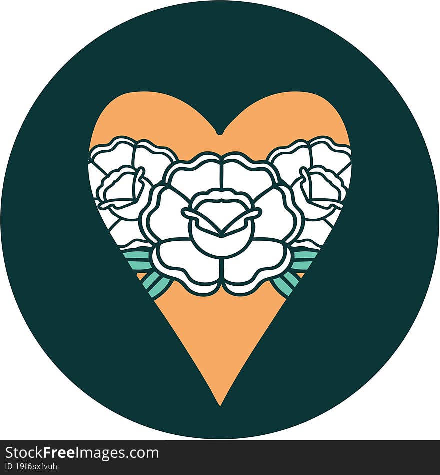 iconic tattoo style image of a heart and flowers. iconic tattoo style image of a heart and flowers