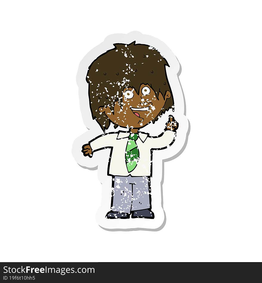 retro distressed sticker of a cartoon school boy with idea