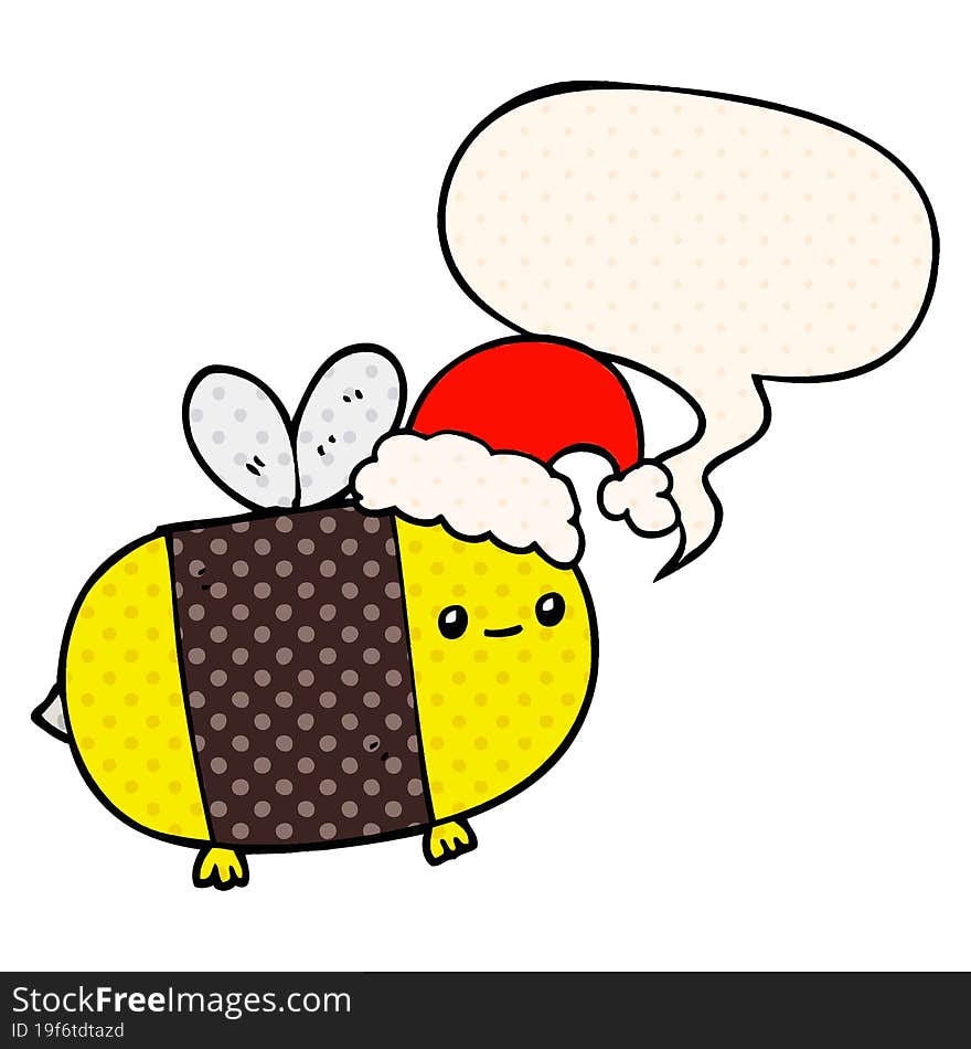 cartoon christmas bee with speech bubble in comic book style