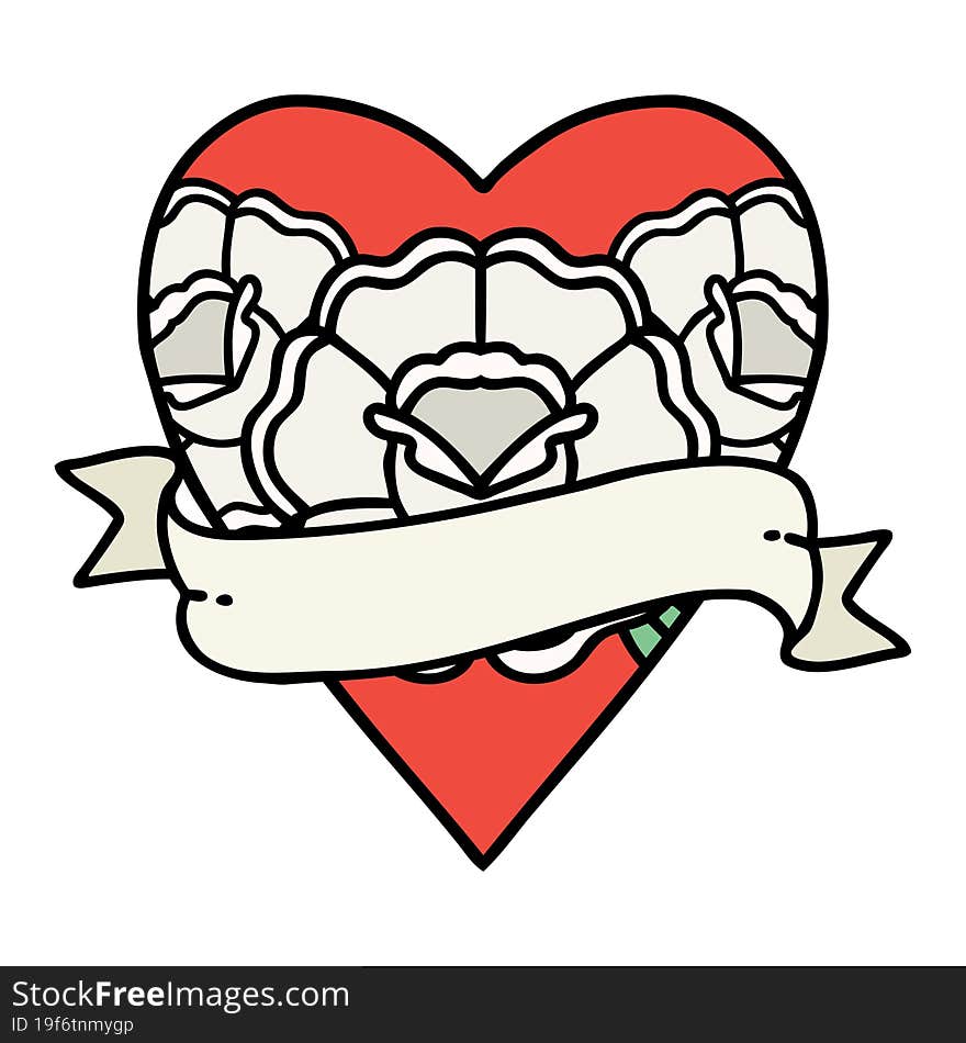 tattoo in traditional style of a heart and banner with flowers. tattoo in traditional style of a heart and banner with flowers