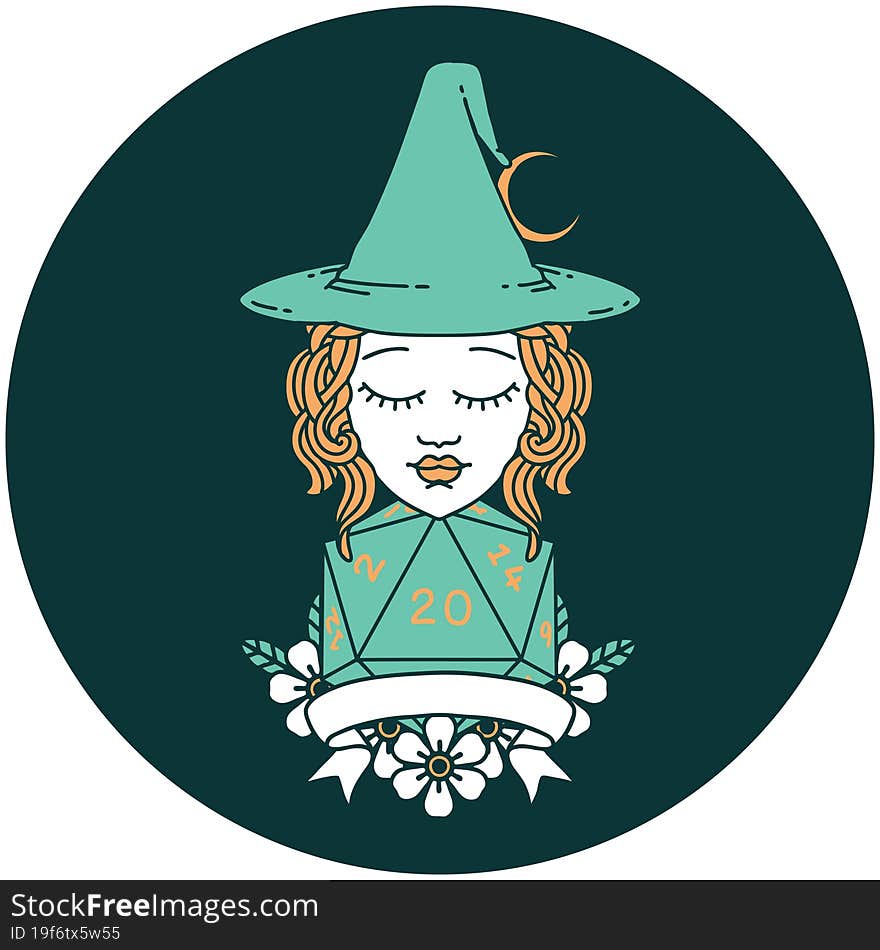 human witch with natural twenty dice roll icon