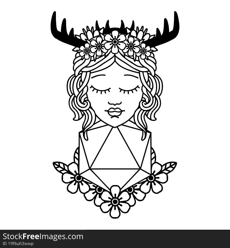 Black and White Tattoo linework Style human druid with natural twenty dice roll. Black and White Tattoo linework Style human druid with natural twenty dice roll