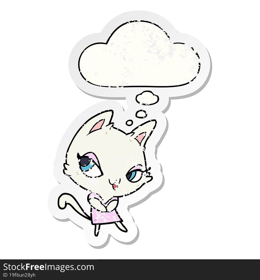 Cartoon Female Cat And Thought Bubble As A Distressed Worn Sticker