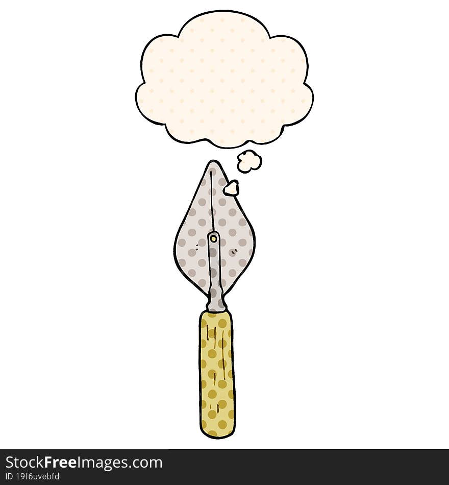 cartoon trowel and thought bubble in comic book style