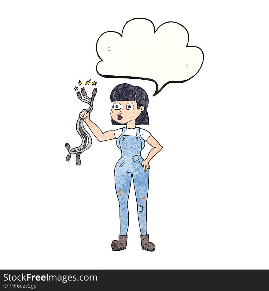 speech bubble textured cartoon female electrician