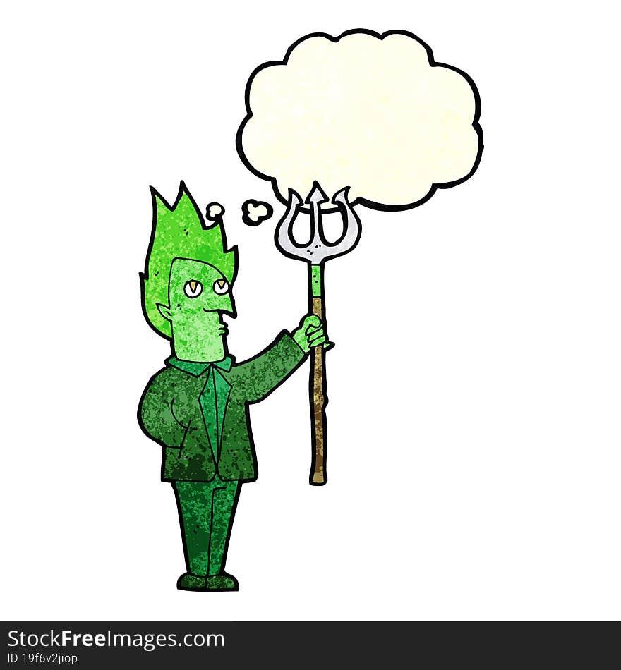 cartoon devil with pitchfork with thought bubble