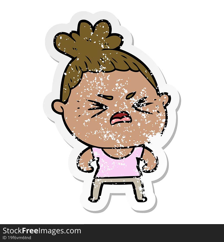 distressed sticker of a cartoon angry woman