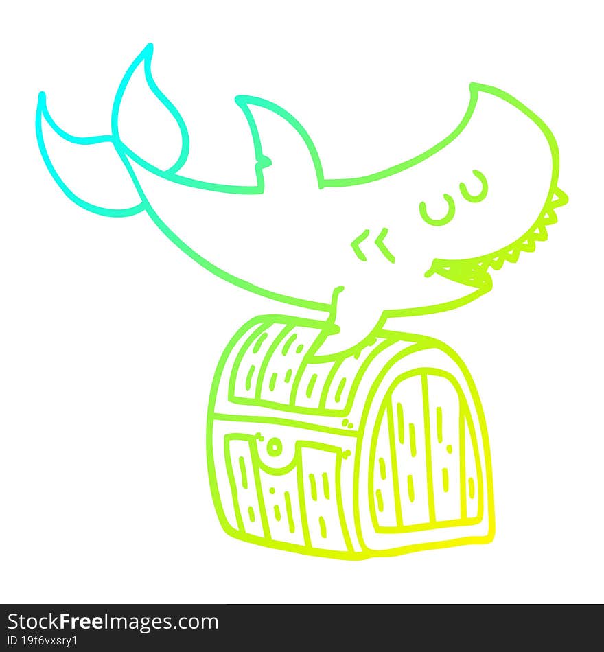 cold gradient line drawing cartoon shark swimming over treasure chest