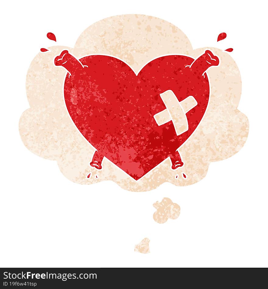 cartoon heart squirting blood and thought bubble in retro textured style