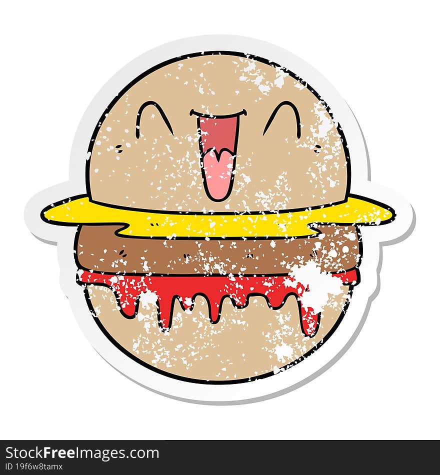 distressed sticker of a cartoon happy burger