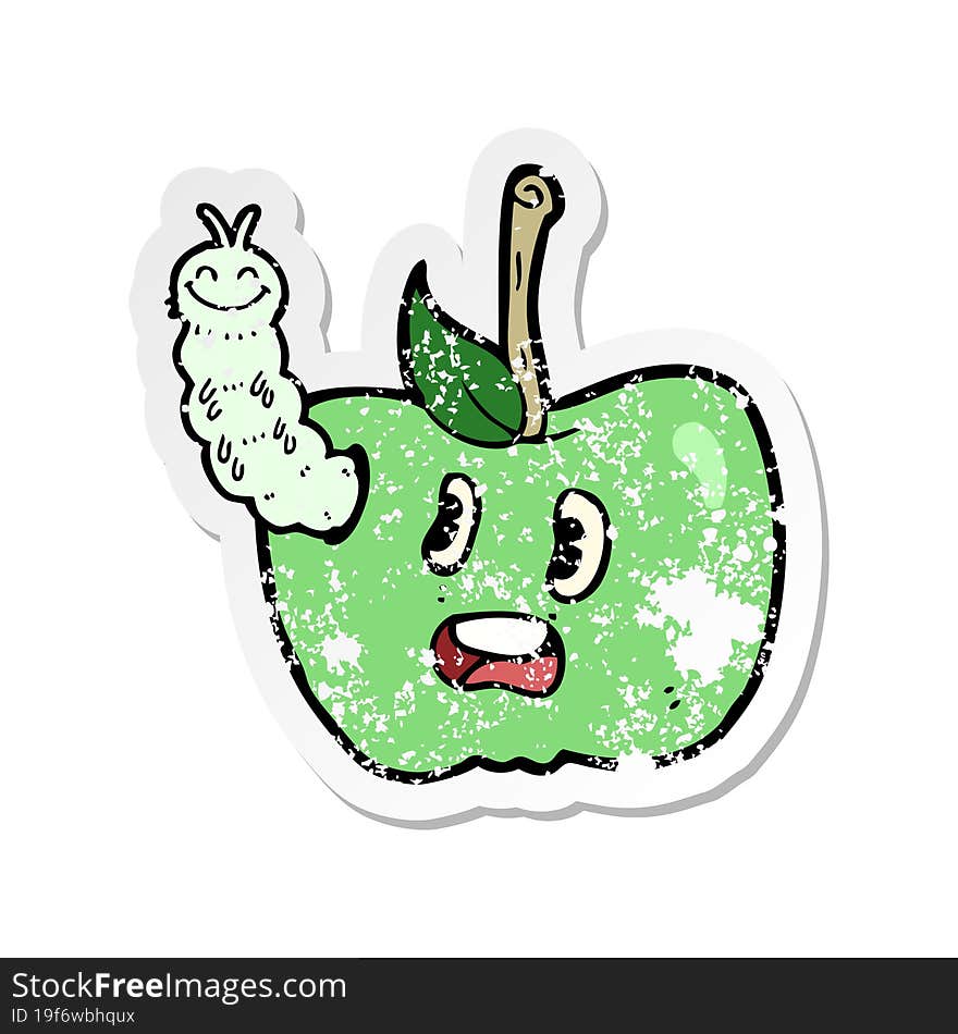 Retro Distressed Sticker Of A Cartoon Apple With Bug