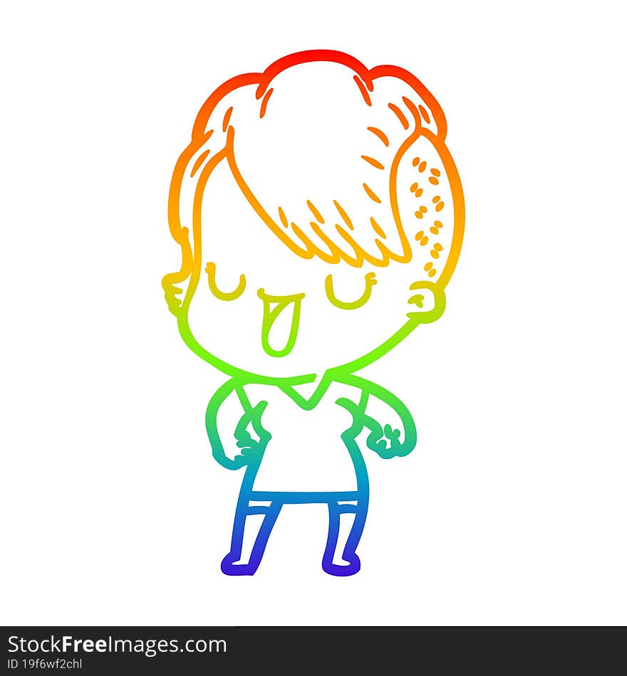 Rainbow Gradient Line Drawing Cute Cartoon Girl With Hipster Haircut