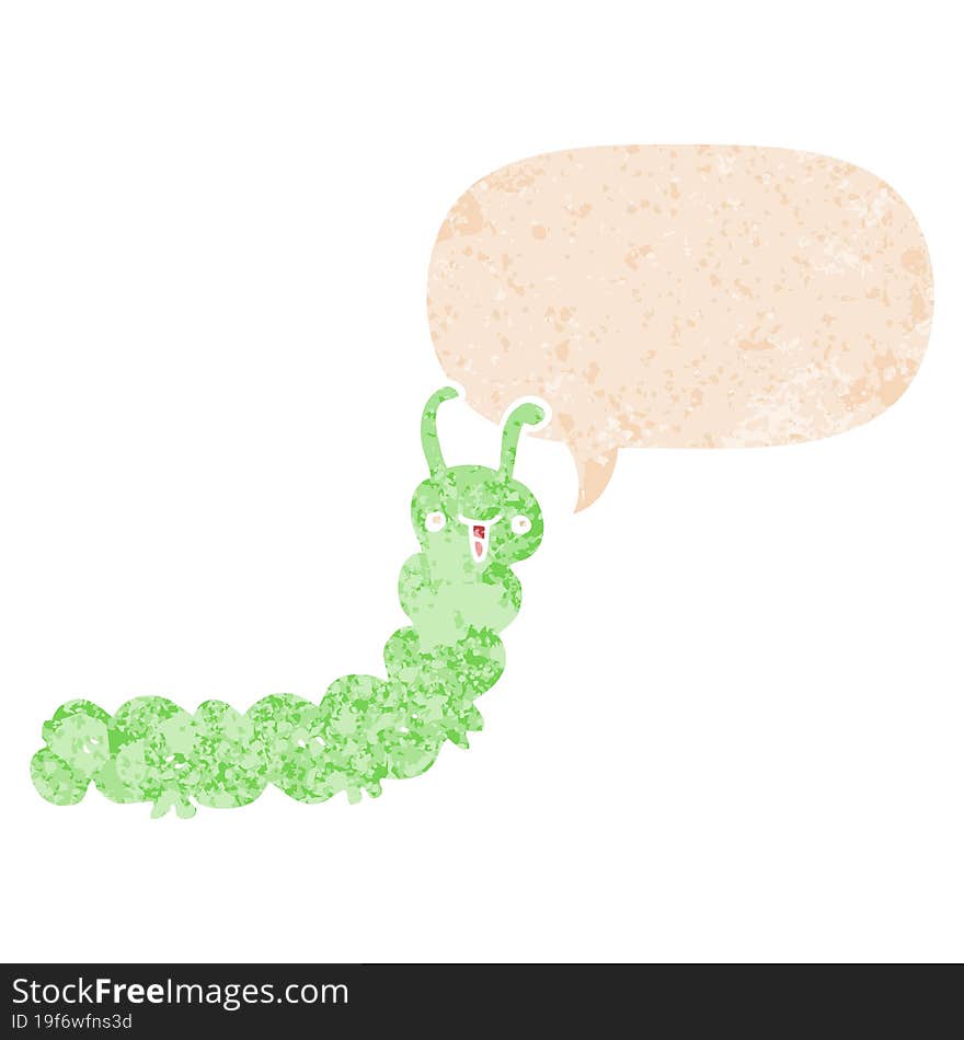 cartoon caterpillar and speech bubble in retro textured style