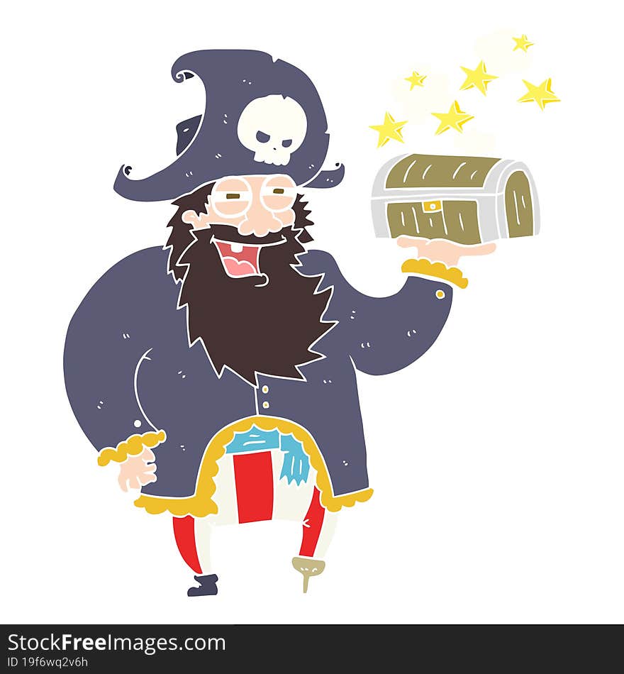 flat color illustration of a cartoon pirate captain with treasure chest