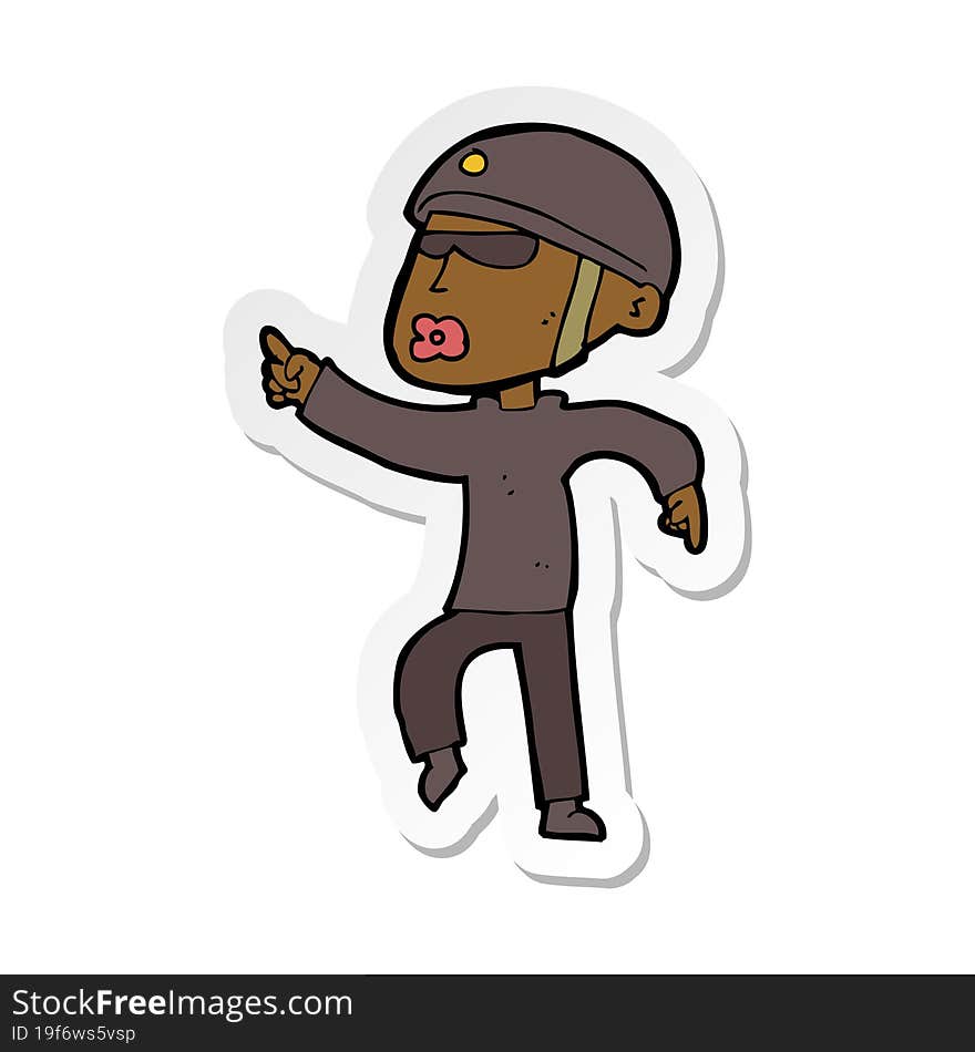 Sticker Of A Cartoon Man In Bike Helmet Pointing