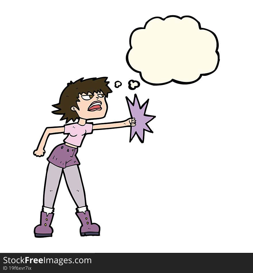 cartoon woman punching with thought bubble