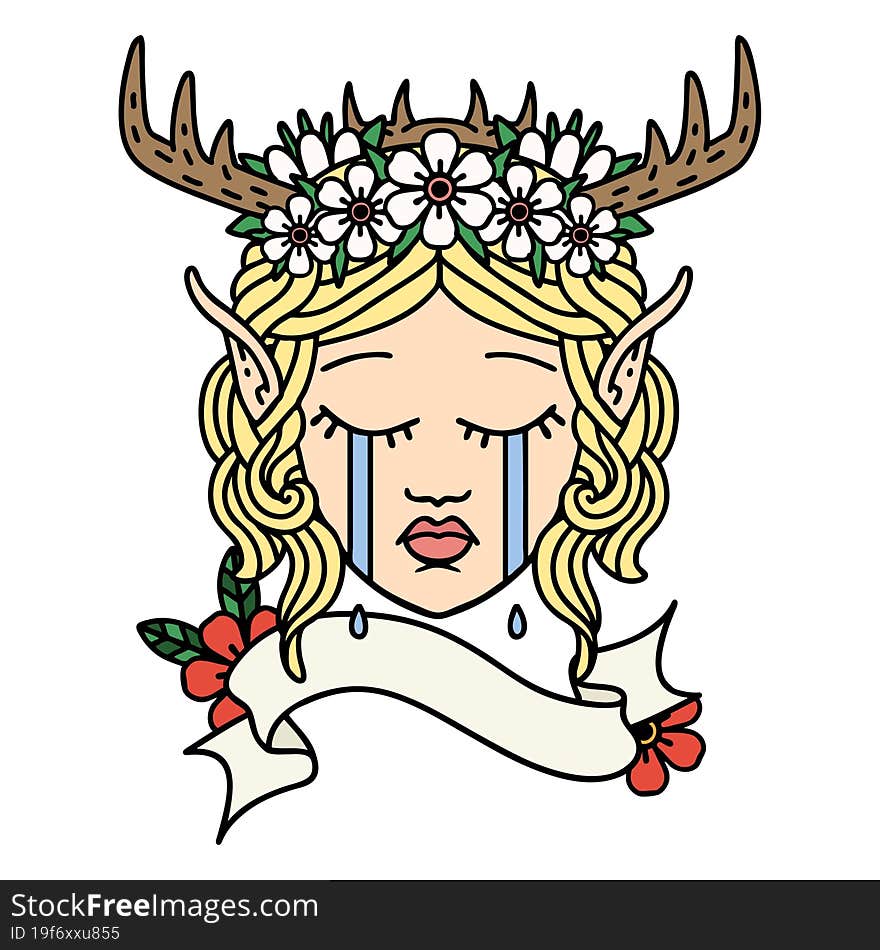 Retro Tattoo Style sad elf druid character face. Retro Tattoo Style sad elf druid character face