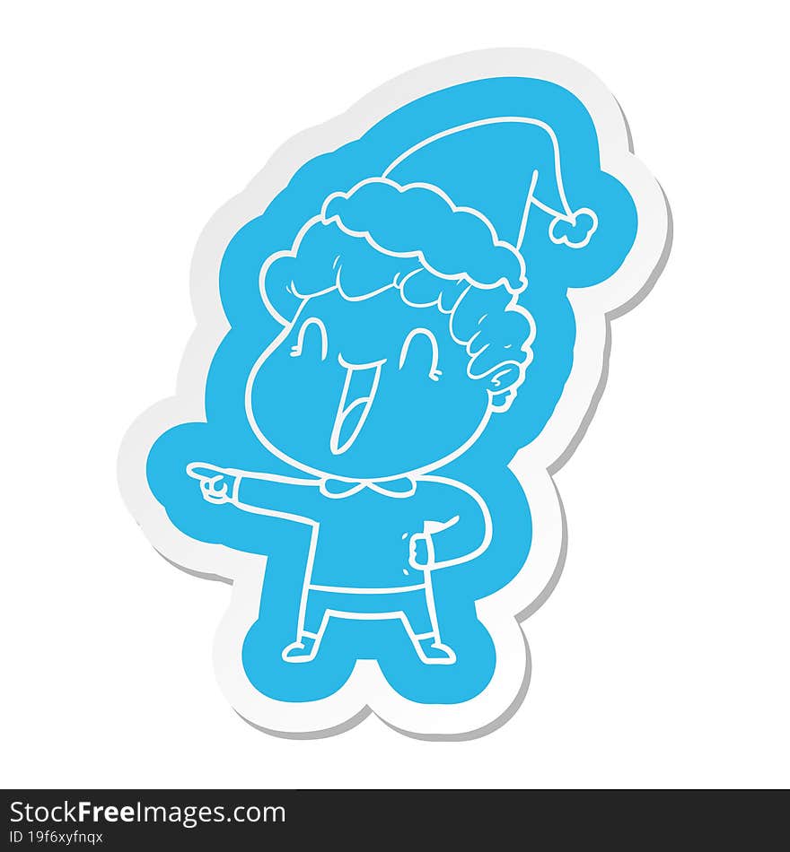 quirky cartoon  sticker of a happy man wearing santa hat