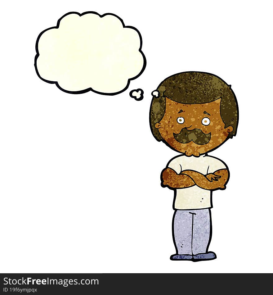 cartoon manly mustache man with thought bubble