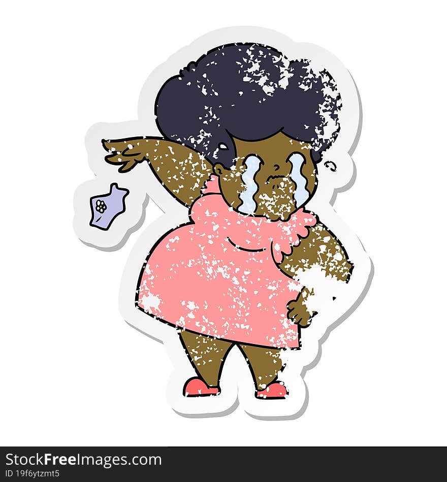 distressed sticker of a cartoon crying woman dropping handkerchief