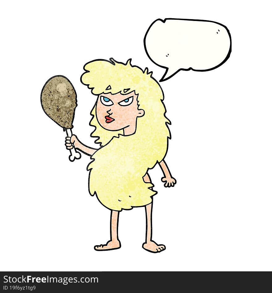 freehand speech bubble textured cartoon cavewoman with meat