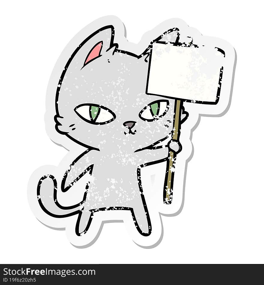 Distressed Sticker Of A Cartoon Cat Waving Sign