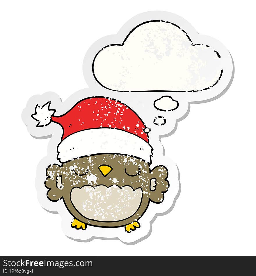 cute christmas owl and thought bubble as a distressed worn sticker