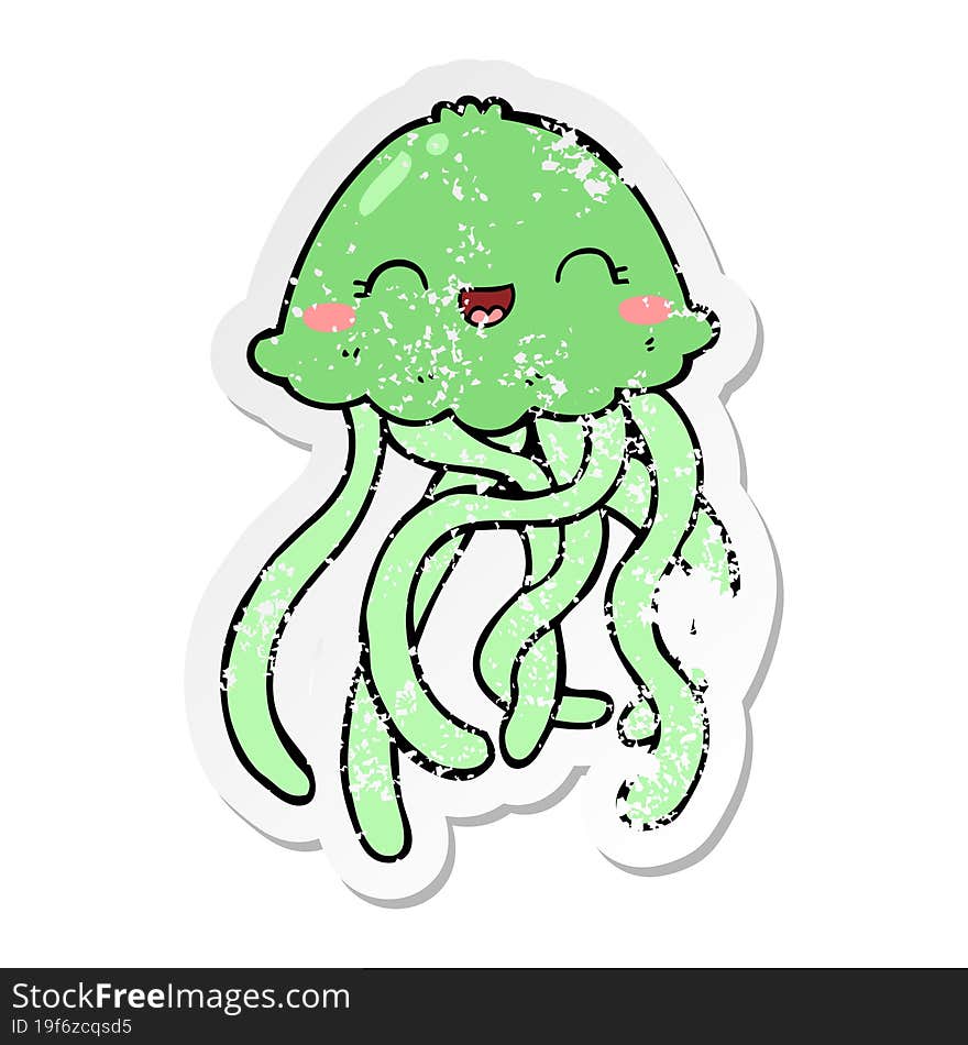 Distressed Sticker Of A Cute Cartoon Jellyfish