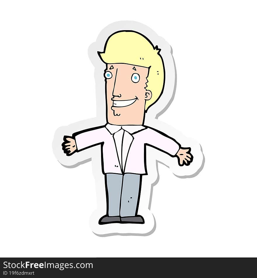 sticker of a cartoon grining man with open arms