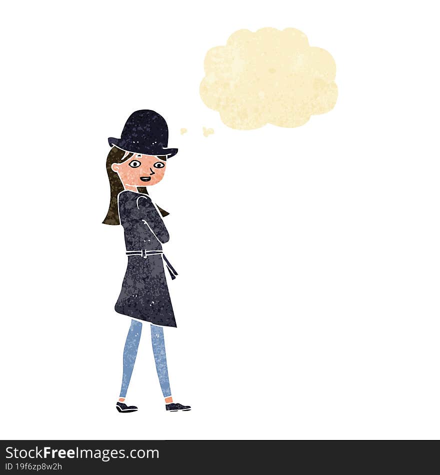 cartoon female spy with thought bubble