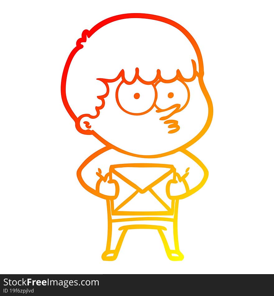 warm gradient line drawing cartoon curious boy carrying a gift