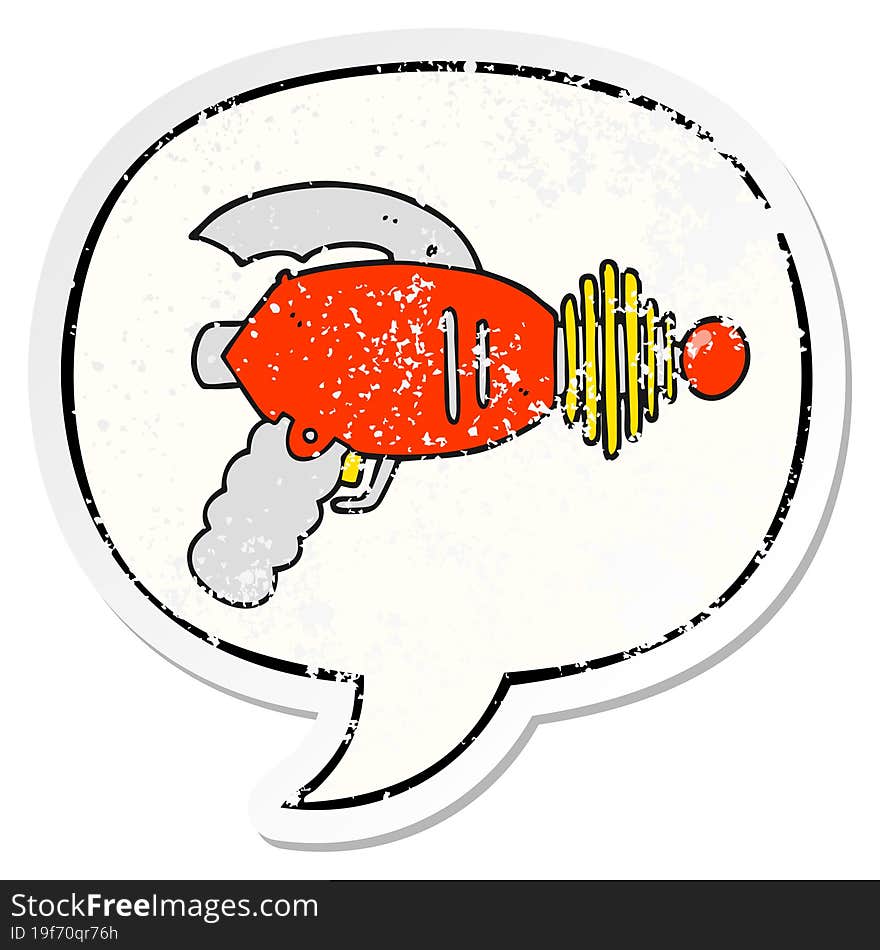 cartoon ray gun and speech bubble distressed sticker