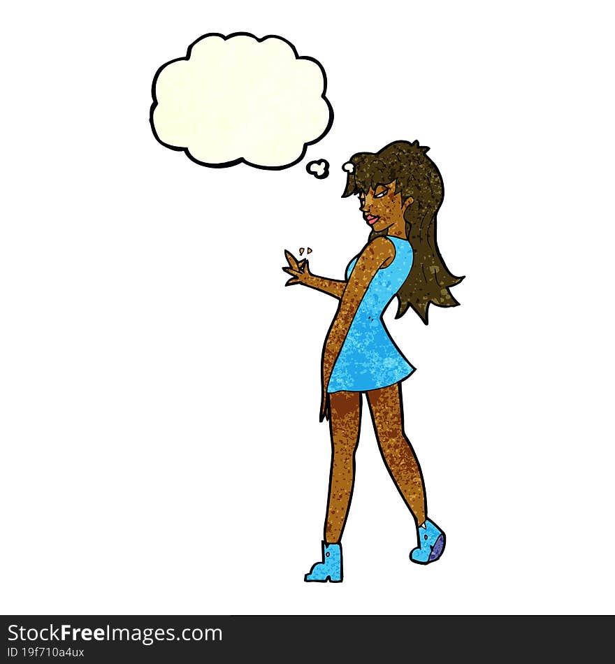 cartoon woman posing in dress with thought bubble