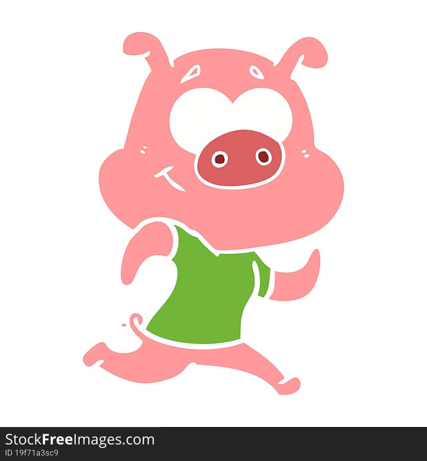 happy flat color style cartoon pig running